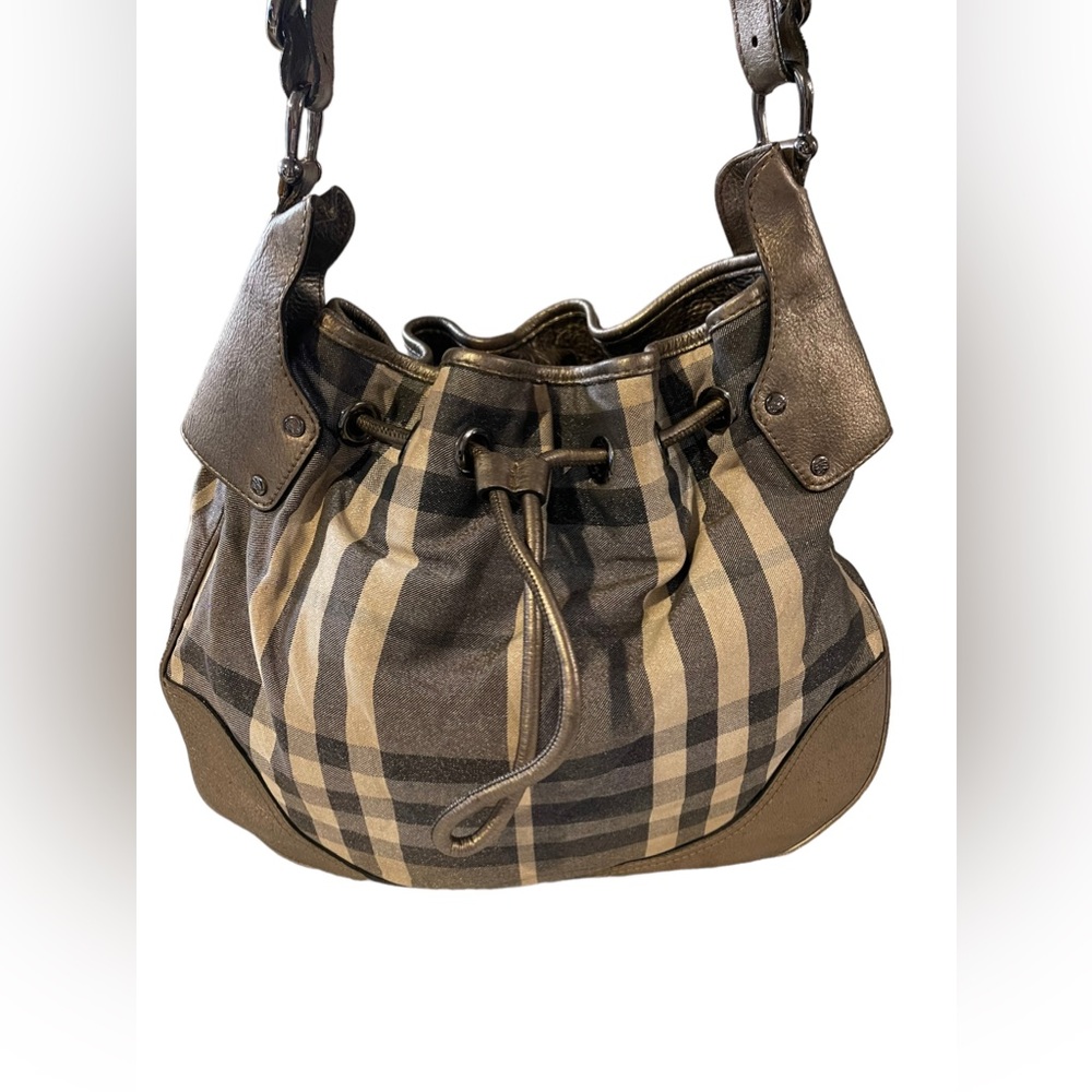 BURBERRY Metallic/Grey Beat Check Canvas and Leather Drawstring Hobo - Picture 2 of 11